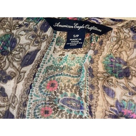 American Eagle Bohochic Sheer Green/Pink/Blue/Metallic Gold Tassels Blouse SZ S - Picture 3 of 6